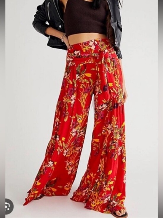 Free People Pants - Free People FP One Aloha printed wide-leg Flowy pants Red Tropical Floral L